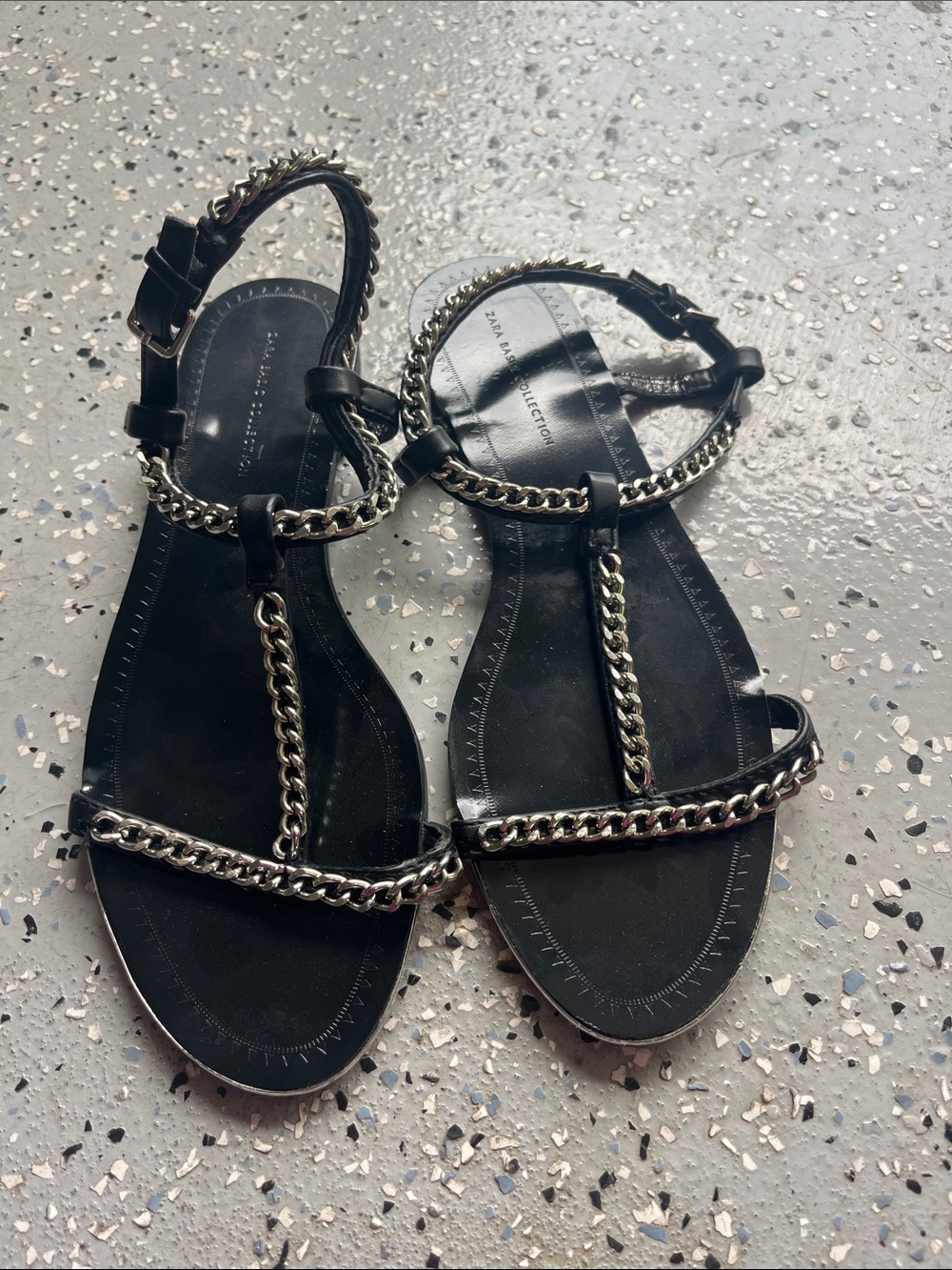 Zara Women’s Black Chain-Trim T-Strap Sandals